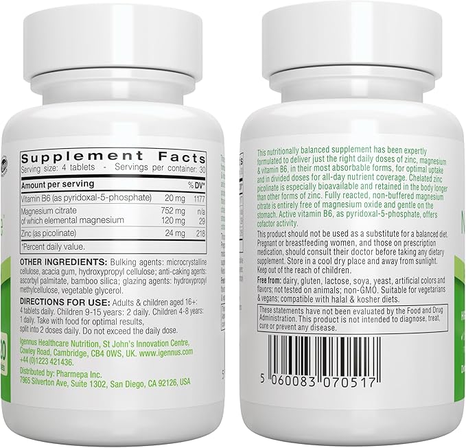 Igennus Neurobalance, High Absorption Zinc Magnesium Vitamin B6 Supplement, Non-GMO, Brain, Immune, Sleep & Muscle Recovery, Chelated Zinc Picolinate 24mg, Oxide-Free Magnesium, Vegan,120 Tablets