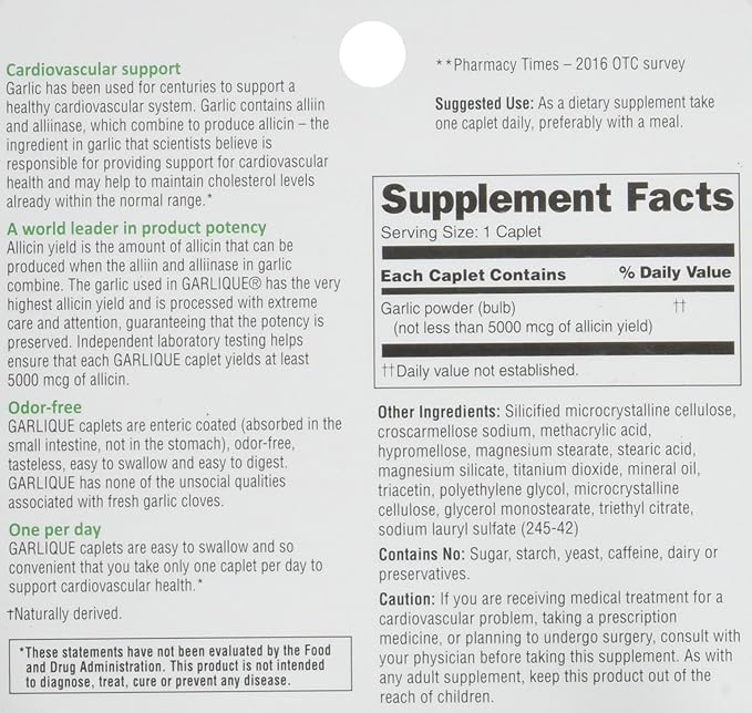 Garlique Dietary Supplement, 60 Caplets