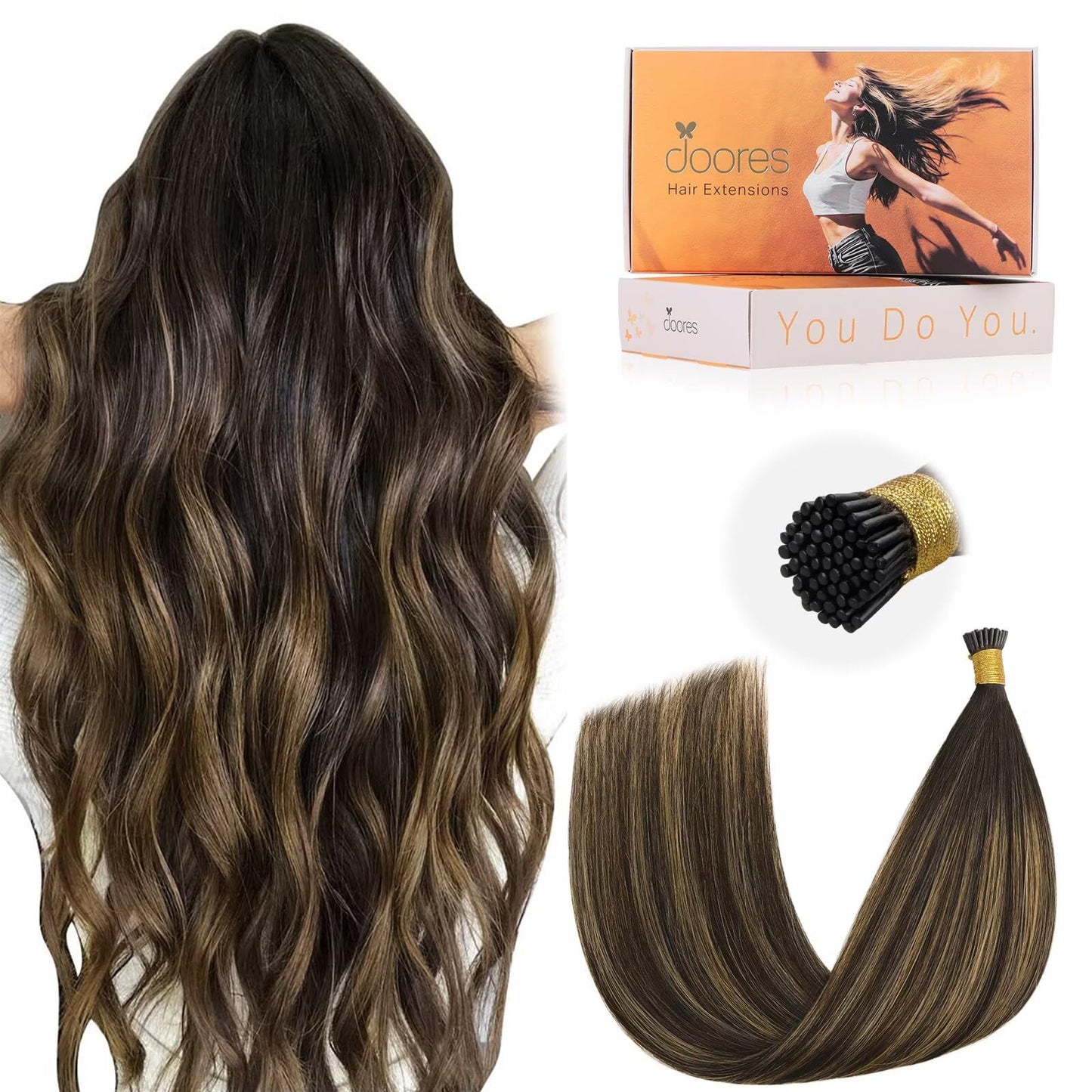 Doores I Tip Remy Hair Extensions, Balayage Dark Brown To Chestnut Brown 24 Inch 50G/50S, Natural Hair Extensions