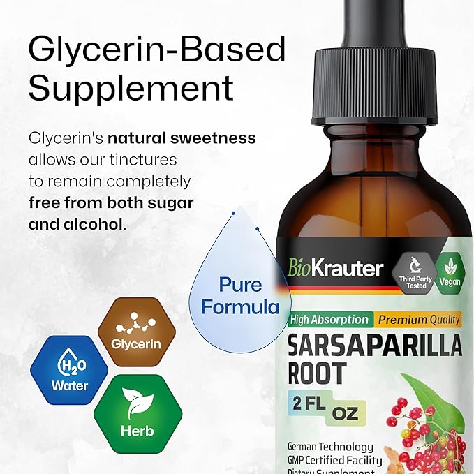 BIO KRAUTER Sarsaparilla Root Tincture - Herbal Liquid Extract Supplement for Liver Support - Alcohol & Sugar Free Vegan Drops 2 Fl.Oz.