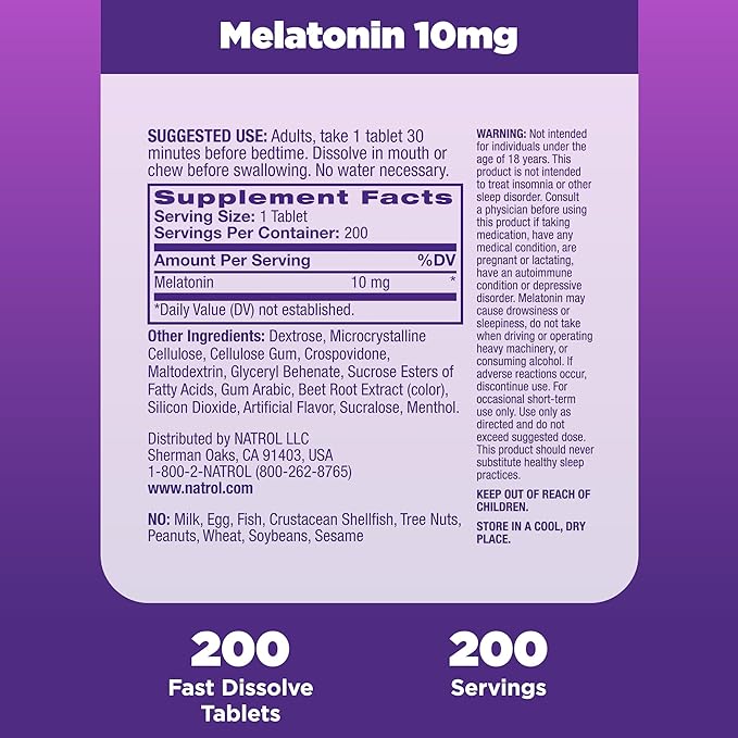 Natrol Fast Dissolve Melatonin 10 mg, Melatonin Supplements for Restful Sleep, Sleep Support for Adults, 200 Strawberry-Flavored Tablets, Up to a 200 Day Supply