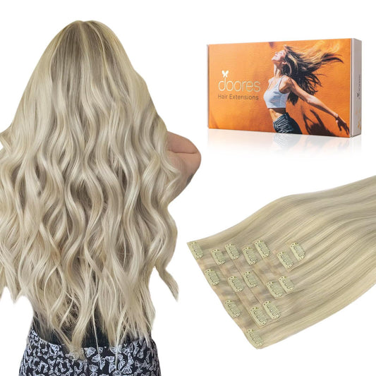 Doores Seamless Clip In Hair Extensions, Ash Blonde Highlighted Platinum Blonde 110G 7Pcs 20 Inch, Hair Extensions Clip Ins Seam