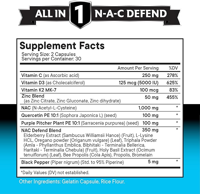 NEW AGE NAC Supplement N-Acetyl Cysteine- with Vitamin D3, K2, Zinc, Quercetin, Triphala, Sarracenia Purpurea, Elderberry, Holy Basil, Bee Propolis, Bromelain, L-Lysine - 180 Count