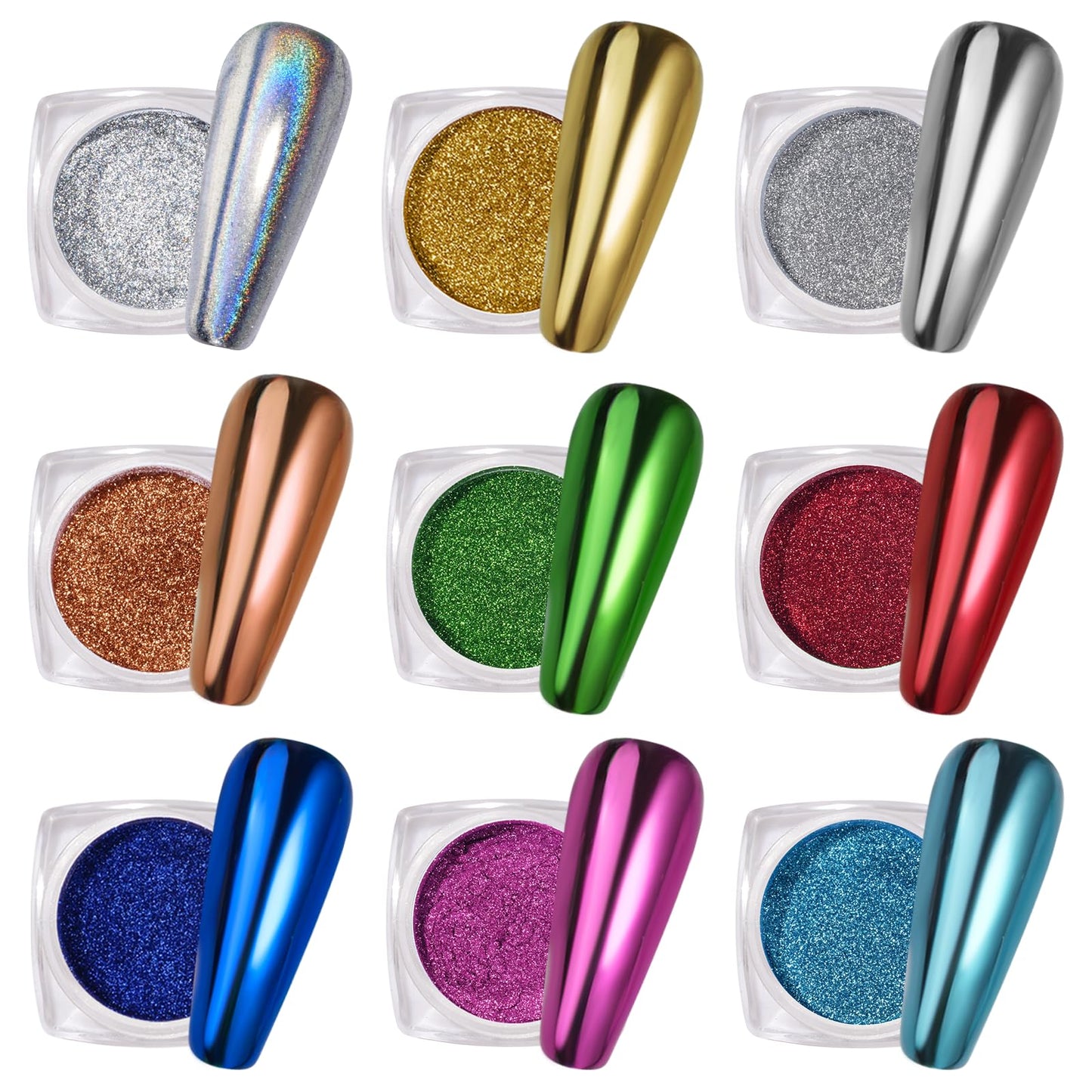 Prettydiva Chrome Nail Powder - 9 Colors Metallic Nail Powder Mirror Effect Red Chrome Nail Powder Xmas Red Green Gold Silver Bl
