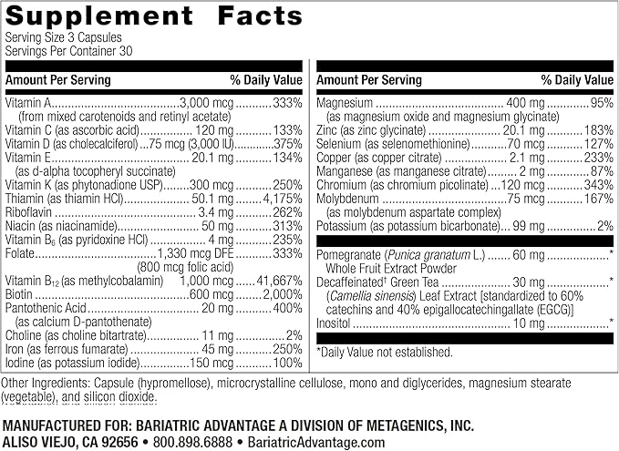 Bariatric Advantage Ultra Multivitamin with Iron - Ultra Multi with Iron - Capsule Format Multivitamin - Provides Full Complex of B Vitamins - with Vitamin C, Chromium & More - 90 Capsules