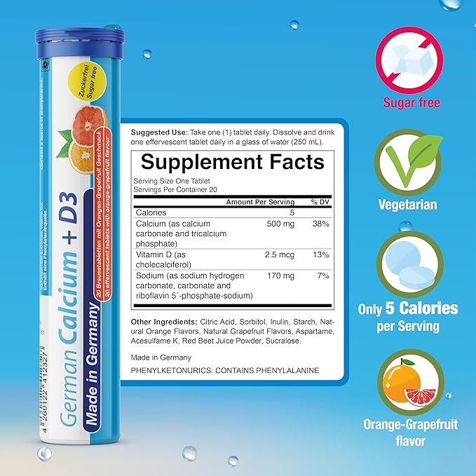 German Calcium + VIT. D - 100 Vegetarian Drink Effervescent Tablets - Orange-Grapefruit Flavor - Made in Germany
