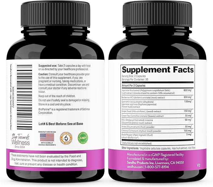 Resveratrol with Berberine for Gut Health | Digestive Supplement for Women and Men | Green Tea, Star Anise, DGL, Grape Seed Extract and Quercetin | Eases Bloating | 60 Vegetarian Capsules for Adults