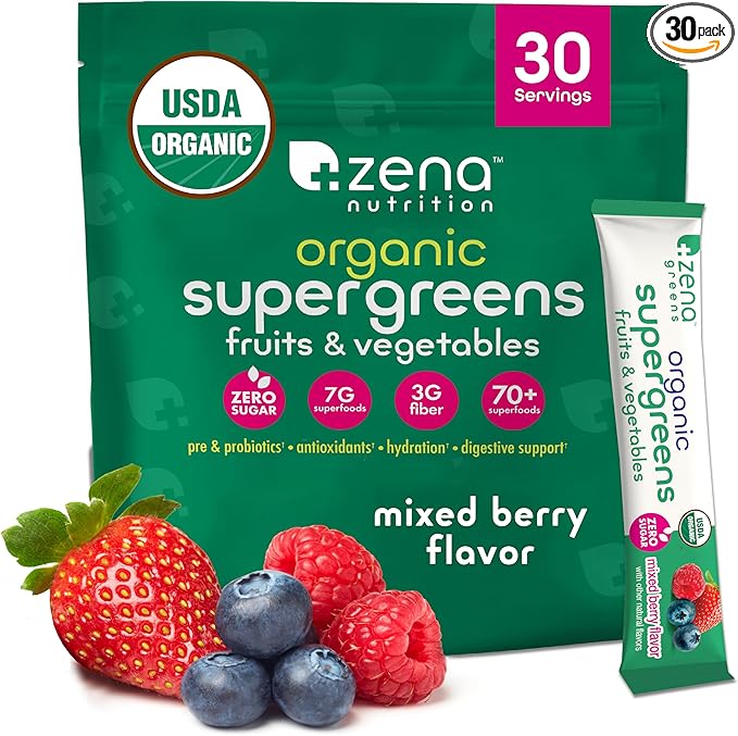 Organic Super Greens Powder, 70+ Superfoods, 0 Sugar, 3G Fiber, Spirulina, Chlorella, Antioxidants, Prebiotics/Probiotics, Digestive Enzymes, Mixed Berry, 30 Drink Mix Packets