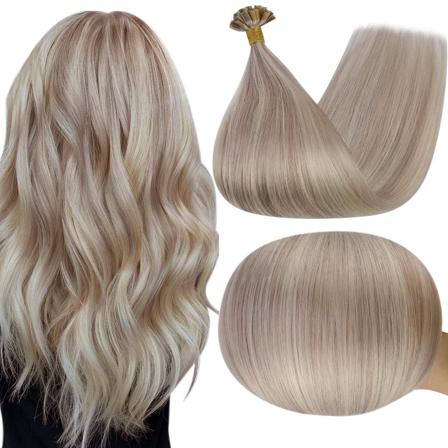 Full Shine Keratin U Tip Hair Extensions Human Hair 18 Inch Keratin Bond Hair Extensions Utip Color 18 Ash Blonde Highlights Ble