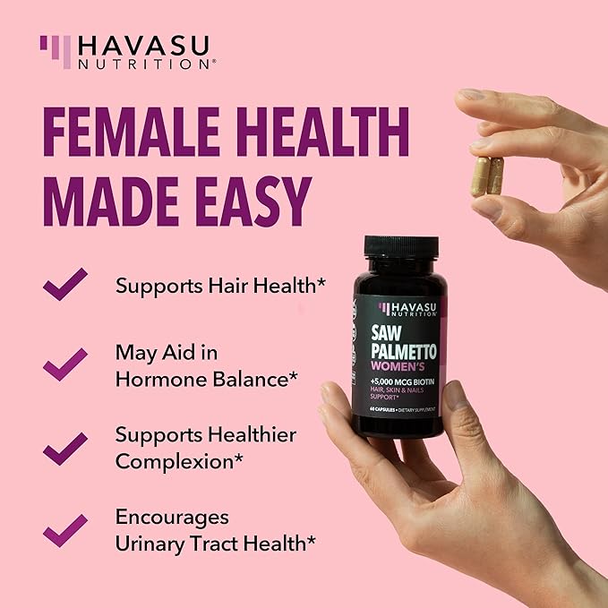 Saw Palmetto for Women with Biotin 5000mcg - Powerful DHT Blocker to Support Hair, Skin, and Nail Health - 120 Count - Vegan, Non-GMO Vitamin for Stronger, Fuller Looking Locks - 2 Month Supply