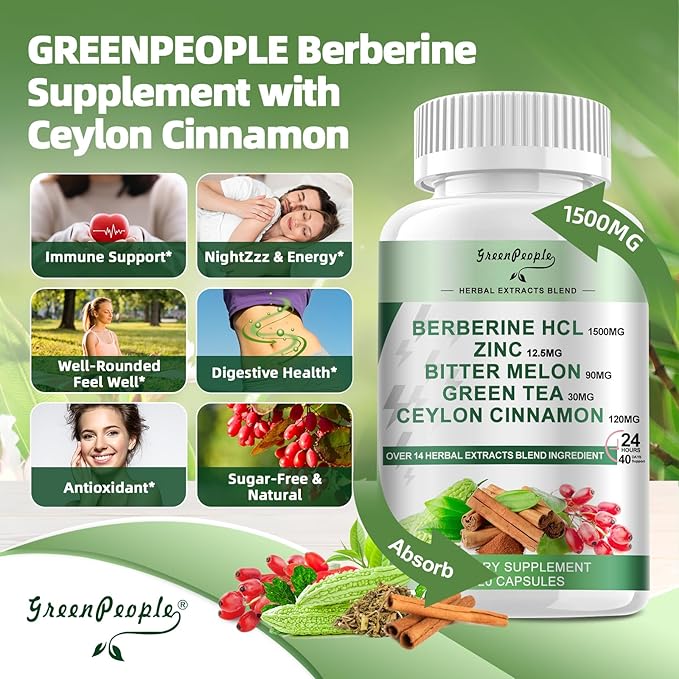 Berberine Supplement with Ceylon Cinnamon - 120 Count Berberine 1500mg Activates AMPK & GLP-1 Berberina HCL with Bitter Melon & Natural Herbs for Immune Support/Energy