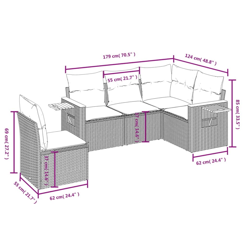 vidaXL Garden Sofa Set Grey PE rattan Medium Adjustable Armrests