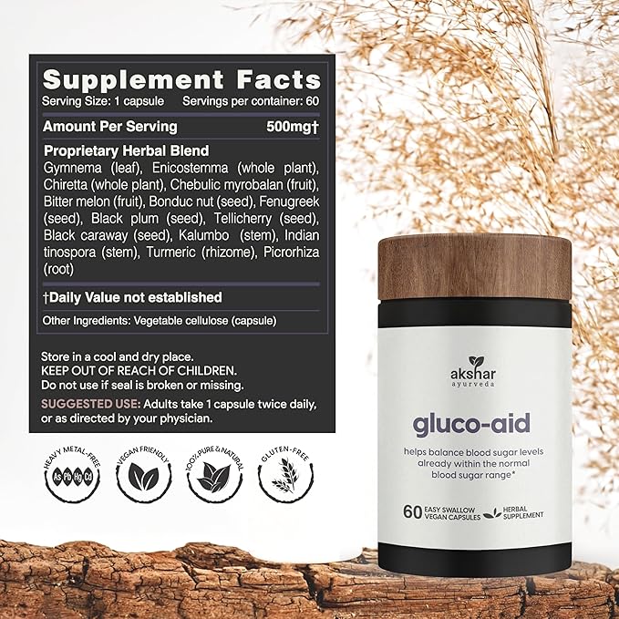 AKSHAR Ayurveda Gluco Support Supplement with Gymnema, Bitter Melon, Turmeric & More, Supports Healthy Levels(60 Capsules)