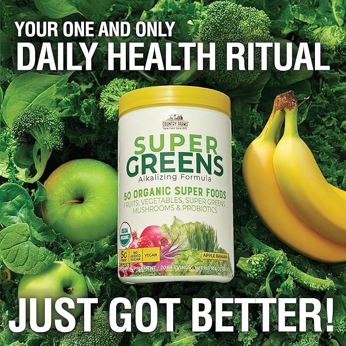 COUNTRY FARMS Super Greens Apple Banana Powder Smoothie, Organic Super Foods, USDA Organic Drink Mix, Fruits, Vegetables, Mushrooms, Superfood Nutrition, 40 Servings, 2 Pack