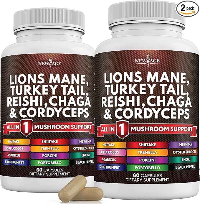 NEW AGE Lions Mane Mushroom Supplement with Turkey Tail Reishi Cordyceps Chaga with Marshmallow Root - 120 Count