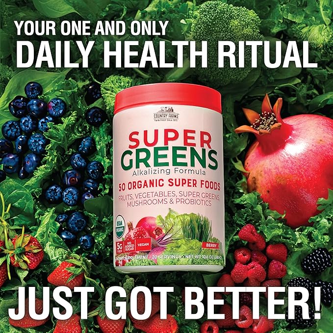COUNTRY FARMS Super Greens Berry Flavor, 50 Organic Foods, USDA Drink Mix, Multicolor, Multi, 40 Servings, 21 Oz, 2 Pack