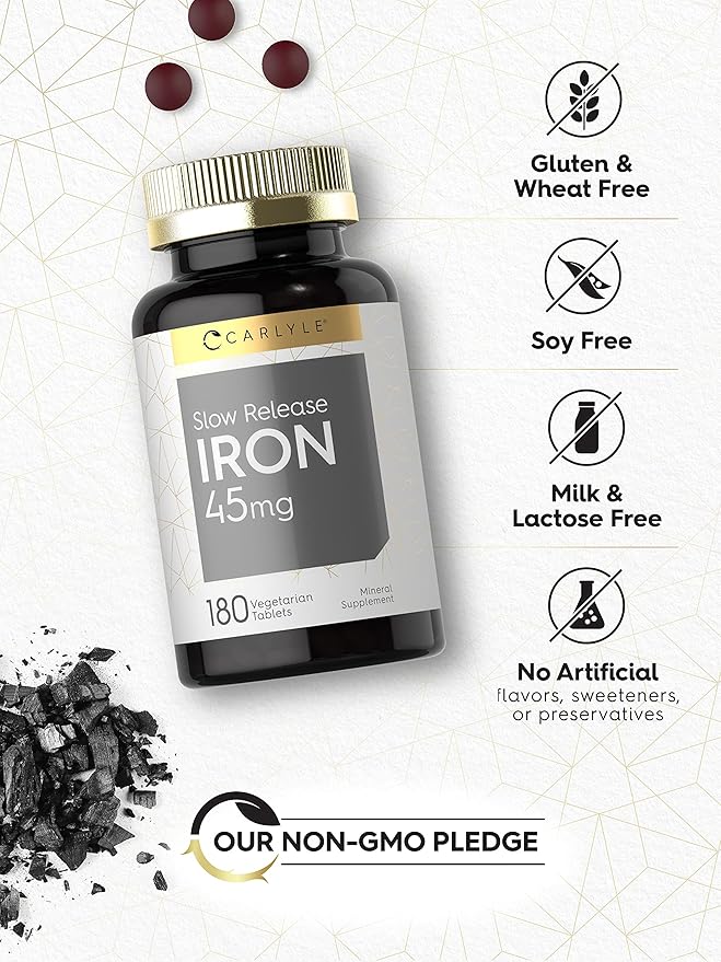 Carlyle Slow Release Iron 45 mg | 180 Tablets | Ferrous Sulfate Mineral Supplement | for Men & Women | Vegetarian, Non-GMO, and Gluten Free Formula