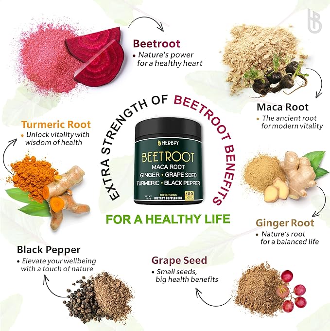 6in1 Beet Root Capsules with Maca Root, Grape Seed, Ginger, Turmeric and Black Pepper for Heart Health & Immune Support - 100 Vegan Capsules