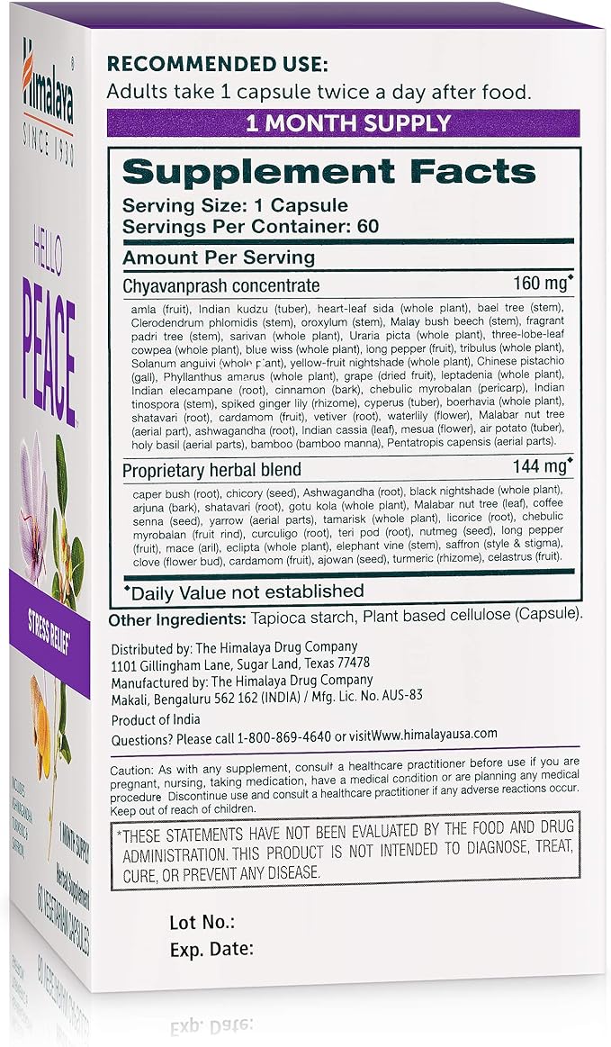 Himalaya Hello Peace, Daily Stress Relief Herbal Supplement, Ashwagandha, Turmeric, Saffron, Eases Nervousness, Relaxation and Calm, Balances Cortisol, Non-GMO, Vegan, 60 Capsules, 30 Day Supply
