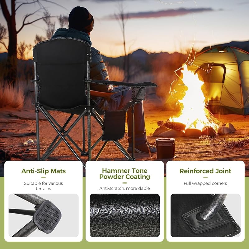 Oversized Camping Folding Chair, Heavy Duty Support 450 LBS Steel Frame Collapsible Padded Arm Chair with Cup Holder Quad Lumbar Back, Portable for