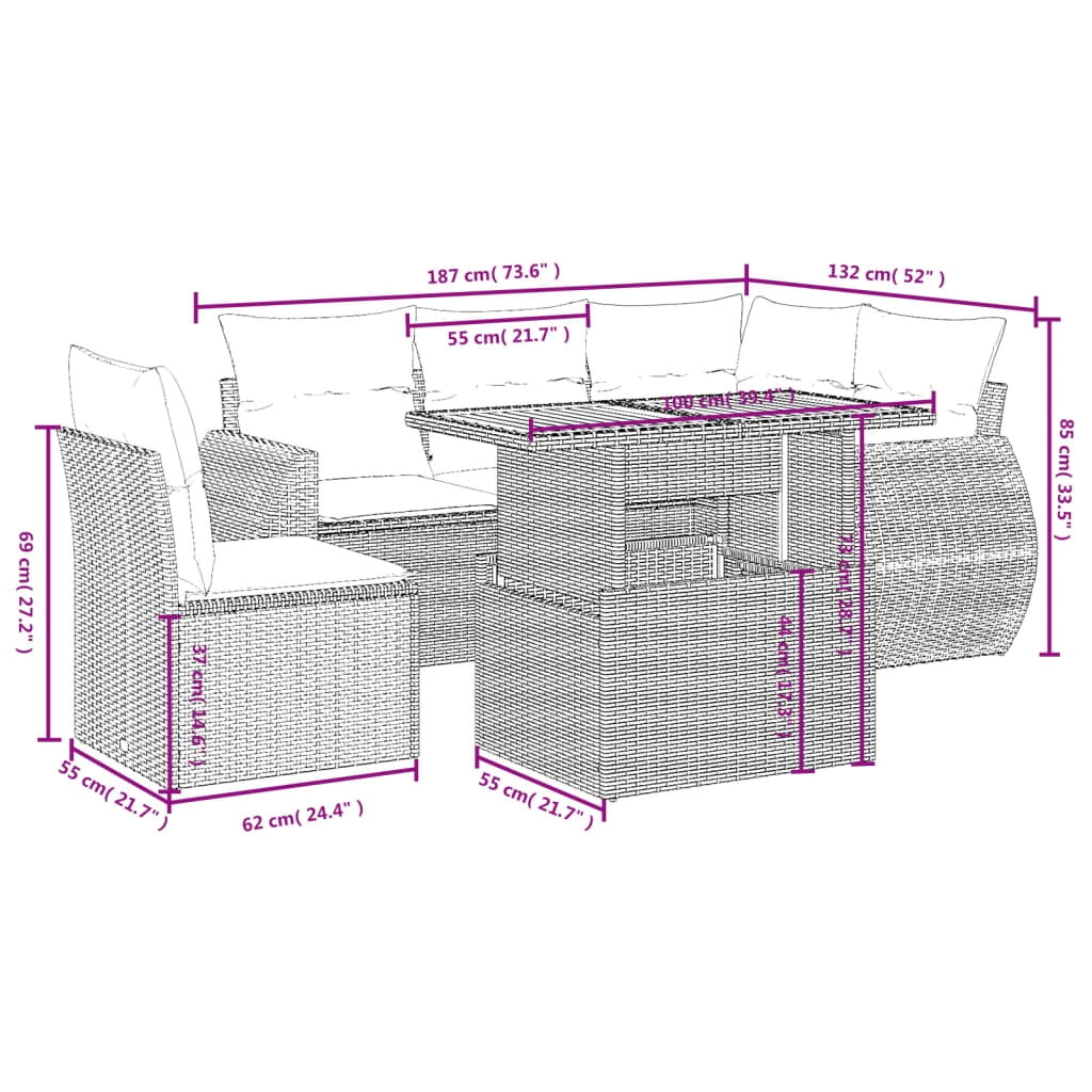 vidaXL Garden Sofa Set Grey PE Rattan 6 Piece Set Adjustable Feet