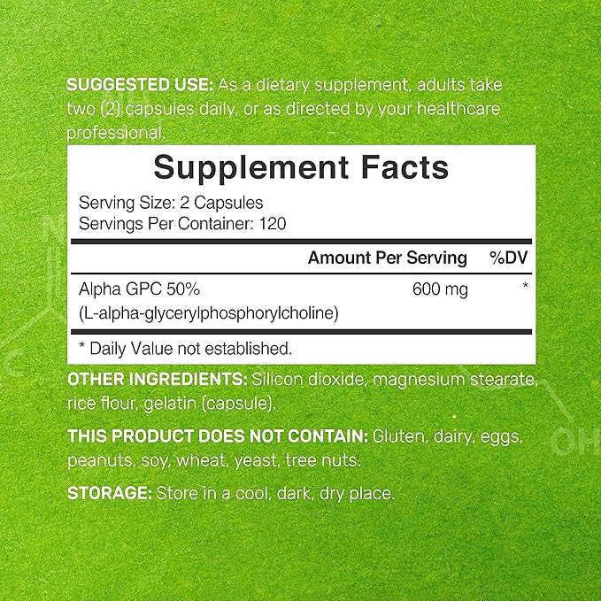 DEAL SUPPLEMENT Alpha GPC 600mg Per Serving, 240 Capsules – Bioavailable Choline Replenishment –Nootropic Brain Health Supplements for Memory and Focus – Non-GMO, Gluten Free
