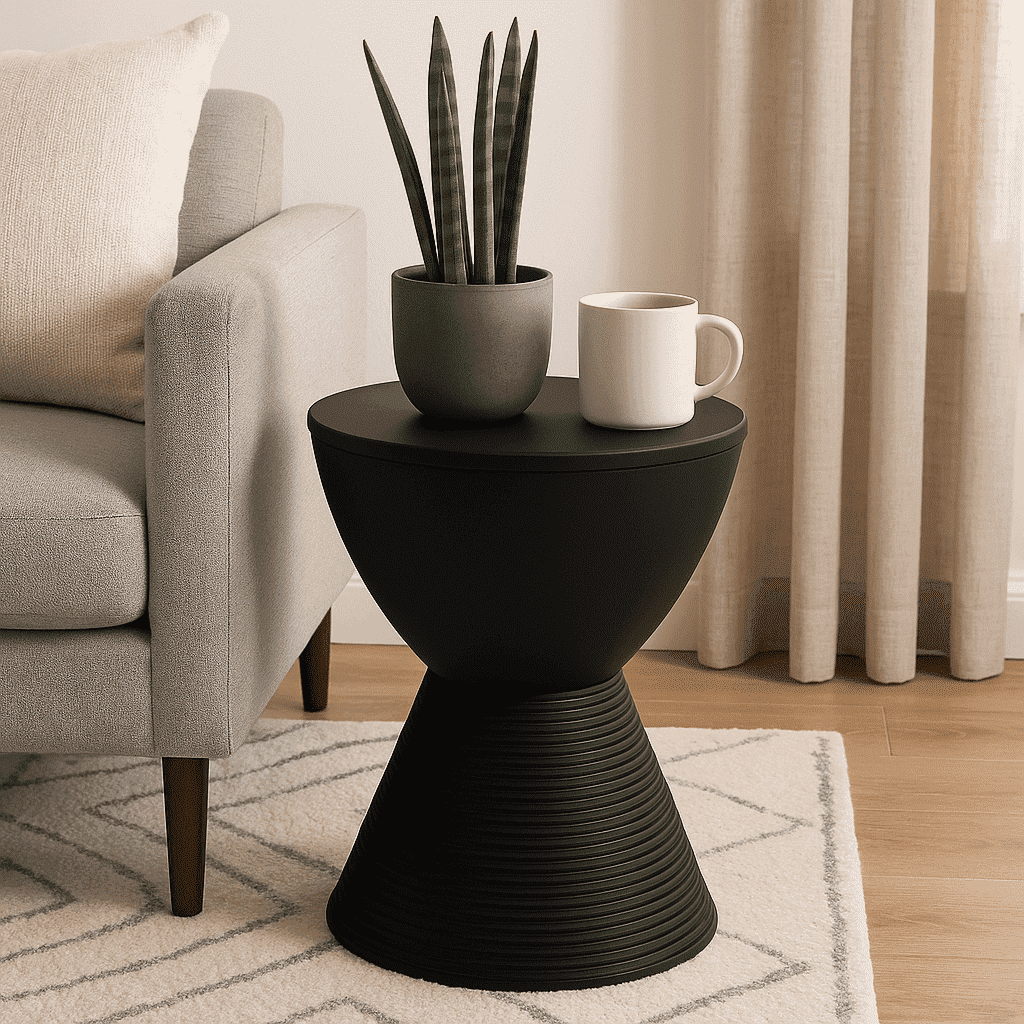 LeisureMod Ribbed Hourglass Side Table with Storage – ABS Drum Accent Table, Removable Lid, Indoor/Outdoor Use – Boyd Series