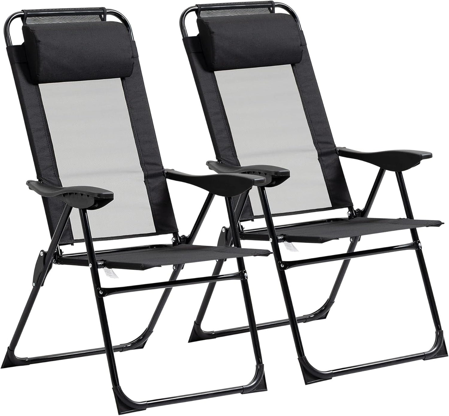 THTGCD Folding Patio Chairs Set of 2, Outdoor Deck Chair with Adjustable Sling Back, Camping Chair with Removable Headrest for Garden, Backyard, Lawn, Black