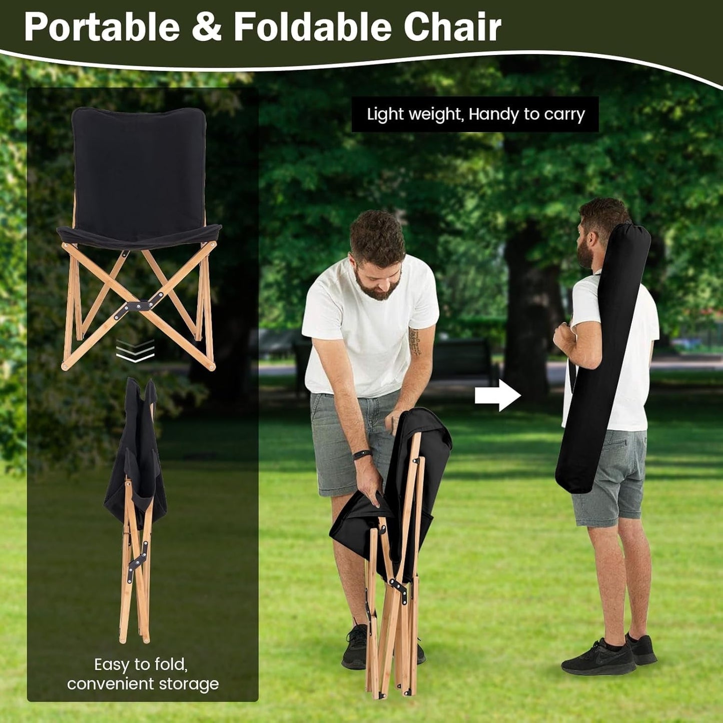ZOPan Camping Chairs 2 Pack, Folding Beach Chairs for 330lbs, Outdoor Butterfly Chair, Portable Lawn Chairs for Picnic Fishing Hiking Mountaineering, Lightweight Bamboo Frame No Assembly (Black)