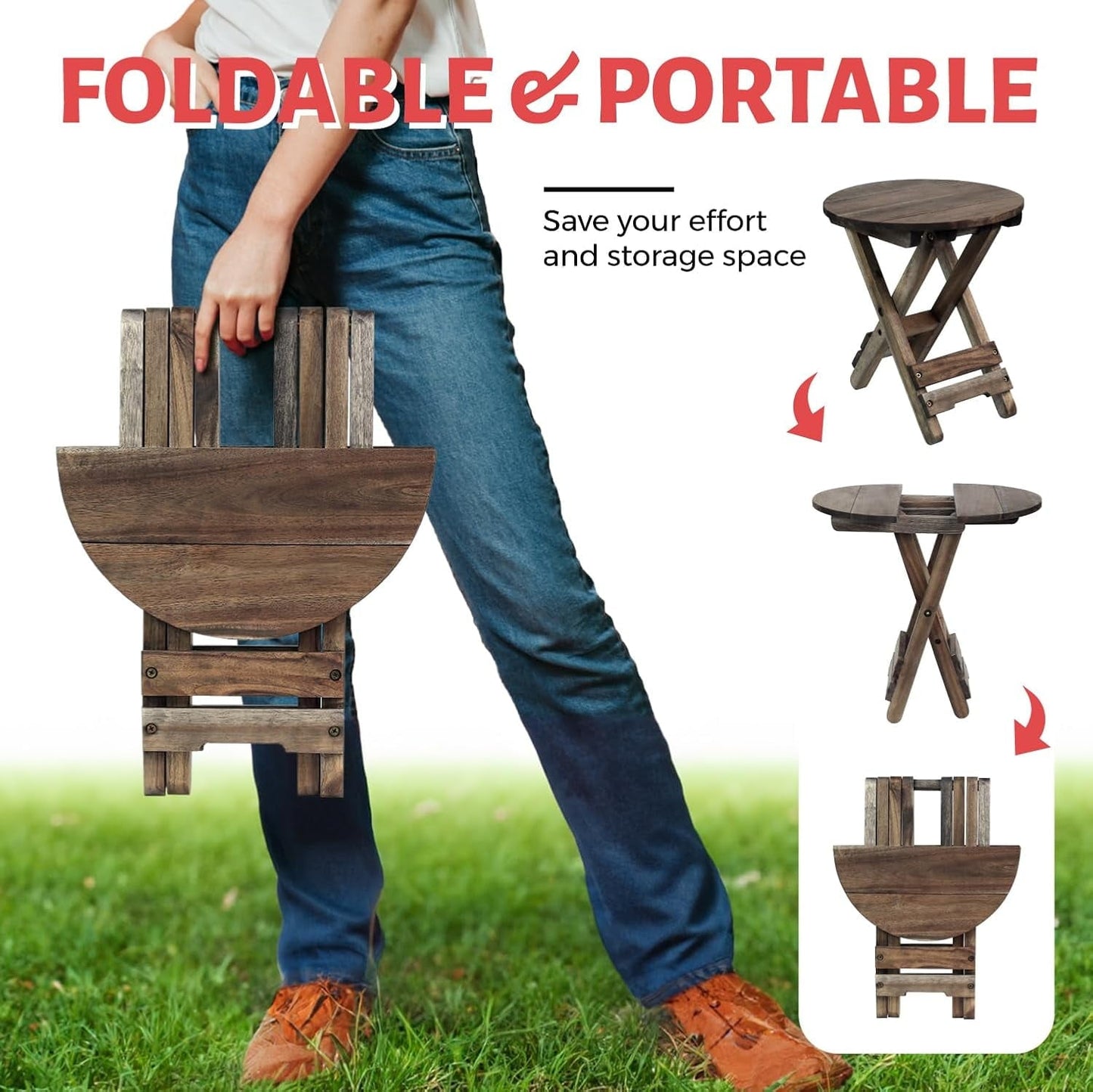 Small Patio Table, Outdoor Folding Side Table, Portable Accent Coffee End Table, Wood Top for Living Room, Bedroom (Round - Walnut-Set of 2)