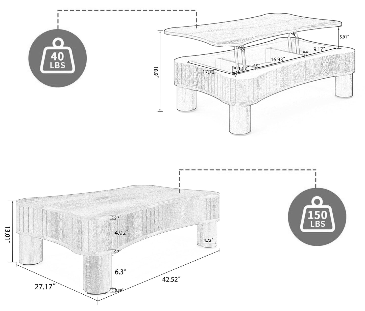 Lift Top Coffee Table for Living Room 42" - Fluted Panel Hidden Storage, Silent Hydraulic Lift, Curved Safety Corners, 5 Min Assembly (27"W X 13-18.9"H,Antique Natural)