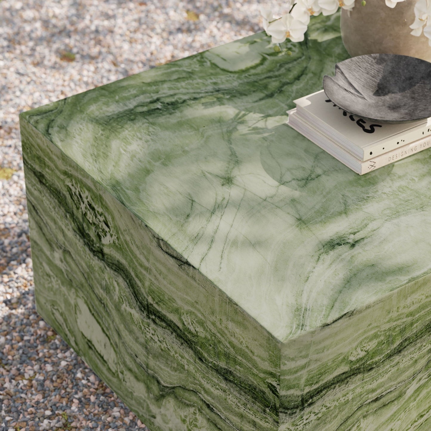 Coffee Side Table, Green, Faux Stone Concrete, Outdoor Patio Balcony Cafe Bistro Garden Hospitality Restaurant, Modern Contemporary, HB37587