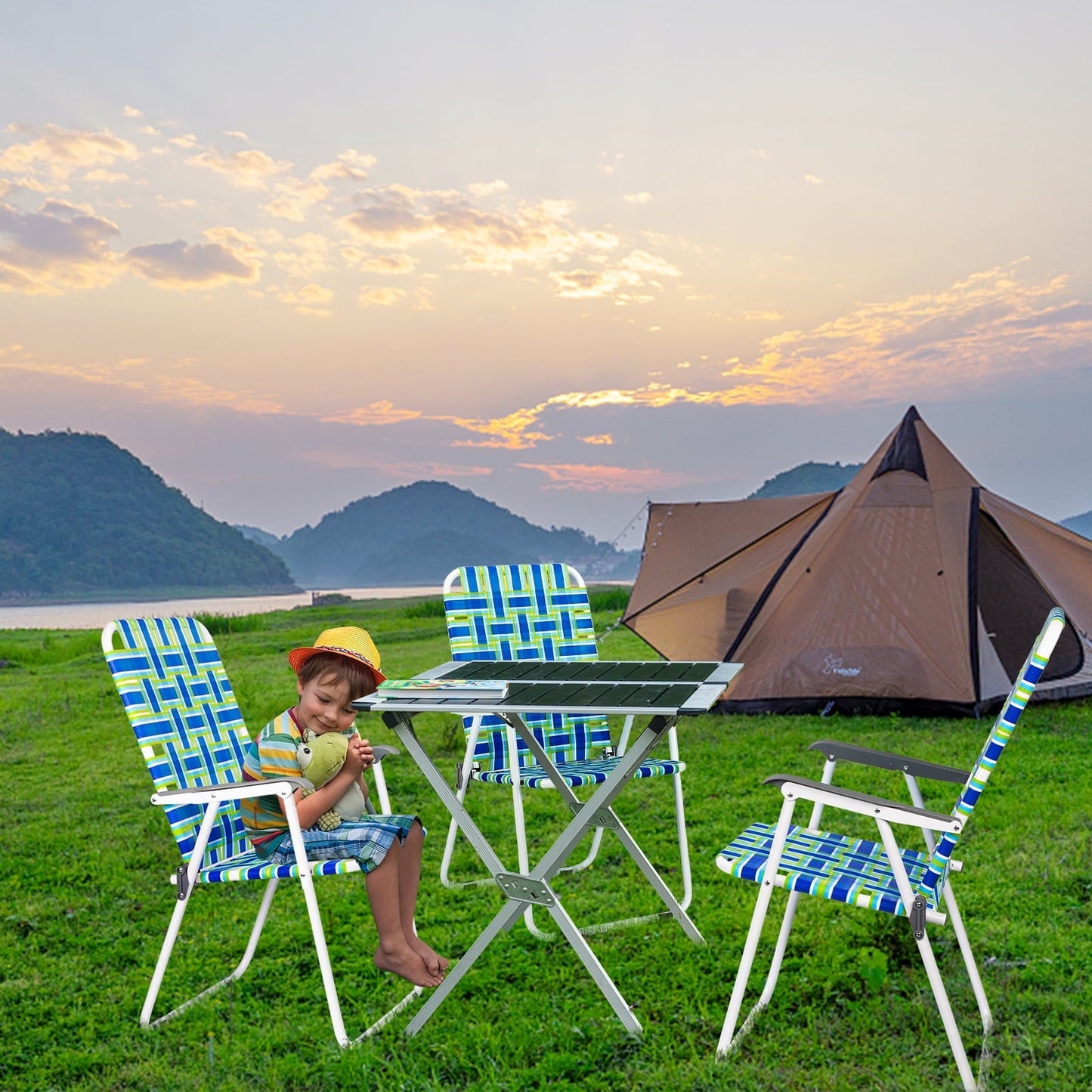 Matladin 1-Pack Folding Patio Lawn Chair, Beach Chair for Adults, Camping Chair with Webbed Airflow Mesh for Outdoor, Blue