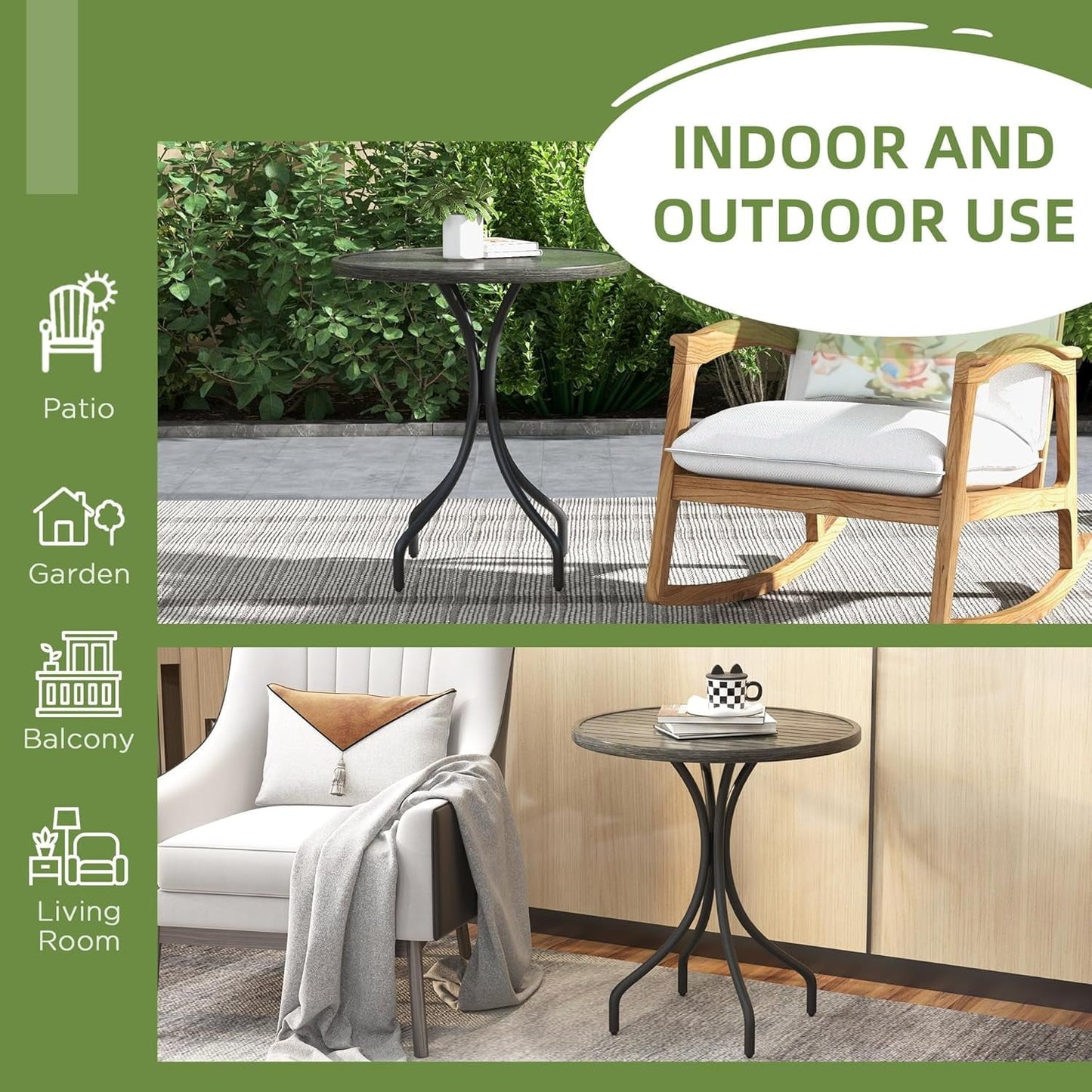 THTGCD Outdoor Side Table, 26" Round Patio Table with Steel Frame and Slat Tabletop for Garden, Backyard, Porch, Balcony, Distressed Gray